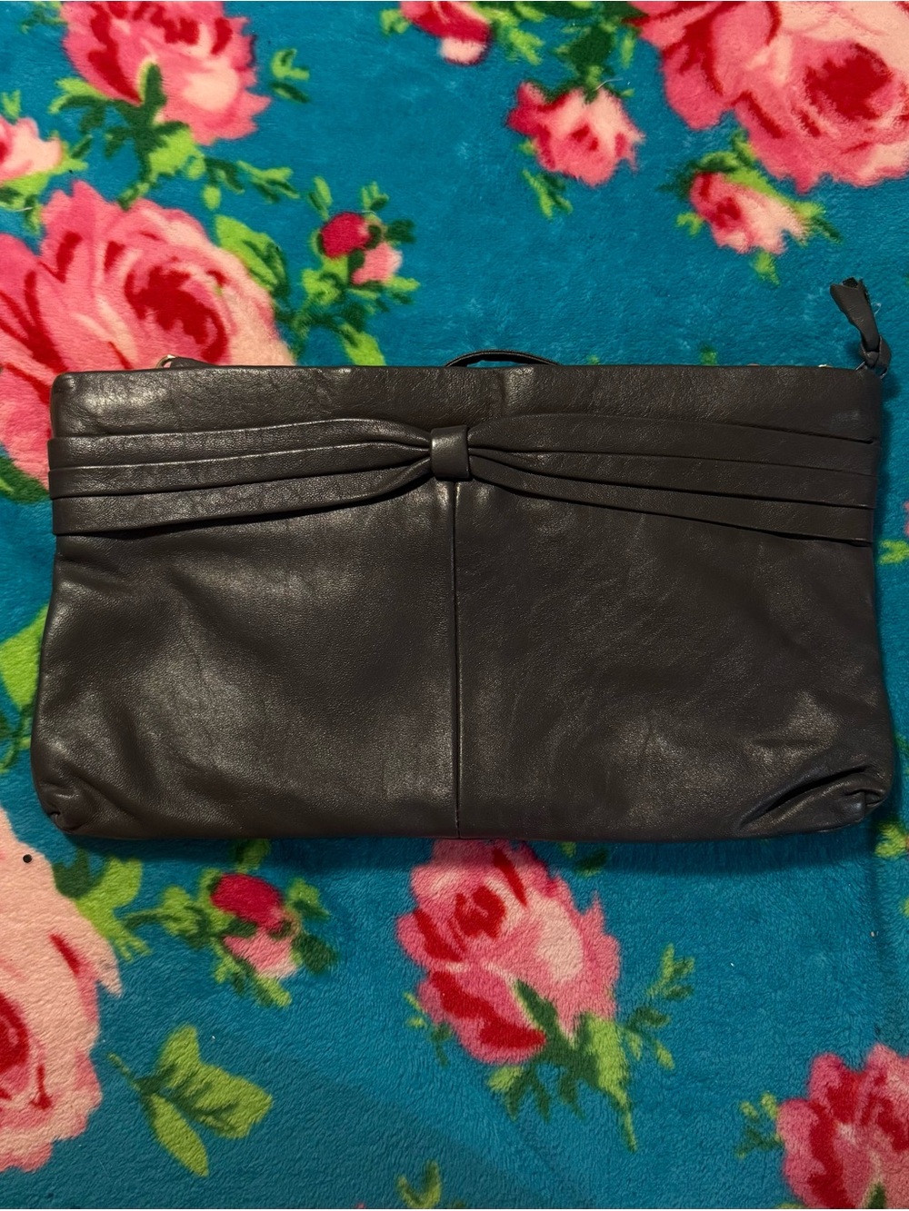 Elegant Black Genuine Leather Bow Clutch/Crossbody
